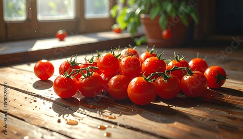 A sunlit close-up of vibrant red cherry tomatoes on a rustic wooden table with a blurred background featuring a potted plant