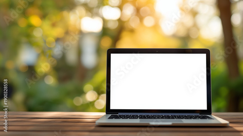 Laptop with Blank White Screen on Wood Table in Outdoor Garden with Autumn Bokeh Background for Website Mockup and Digital Nomad Concept