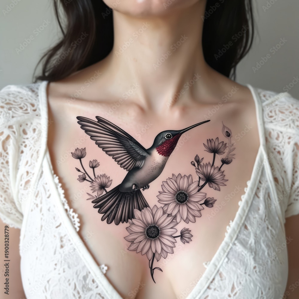 Fototapeta premium Female chest with realistic hummingbird and floral tattoo design. Bird with wings spread hovers above flowers on skin. Delicate linework art.