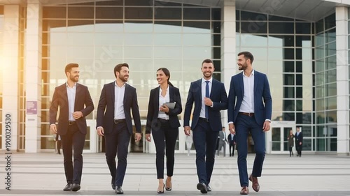 Business Professionals Walking Outside Modern Office Building.