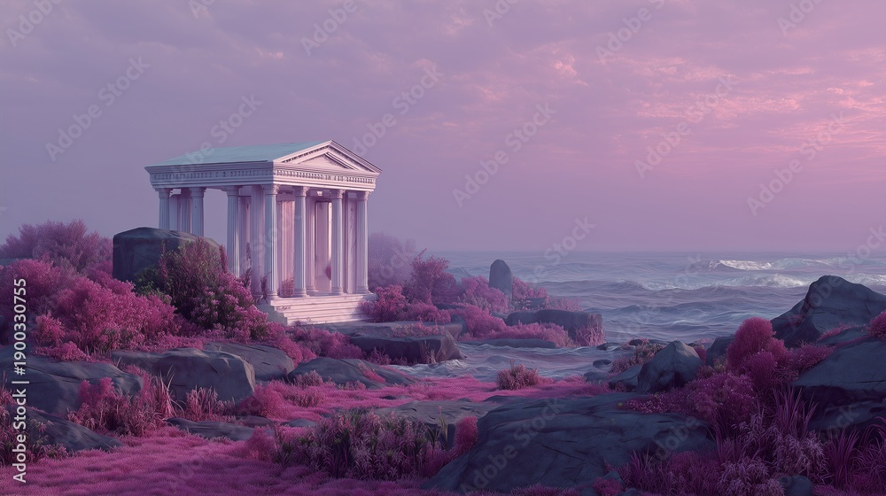 Fototapeta premium Ancient Temple on Cliff at Sunset in Fantasy Landscape