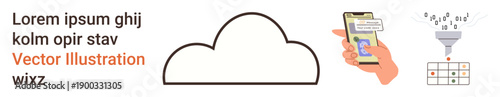 Cloud technology, data storage, mobile apps, software integration, digital solutions, online security. Minimalist cloud, smartphone showing an application processing data funnel. Cloud technology