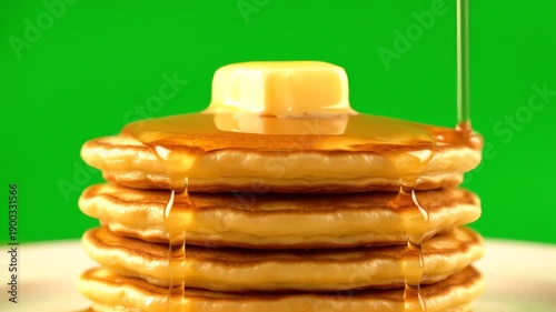 A warm, high-contrast close-up captures a stack of golden pancakes with melting butter being drizzled by rich maple syrup against a vibrant green screen background.