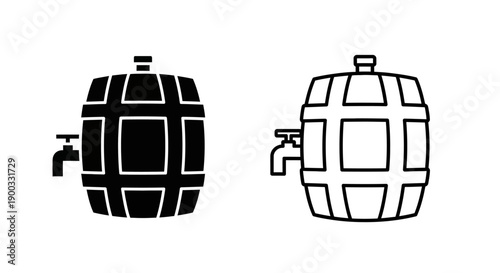 Beer barrel vector icon set with tap, black solid and outline style, isolated on white