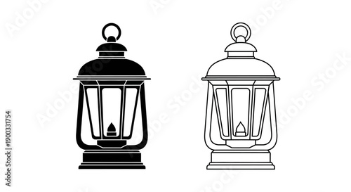 Black silhouette and outline vector icon of vintage kerosene lantern, oil lamp, isolated on white