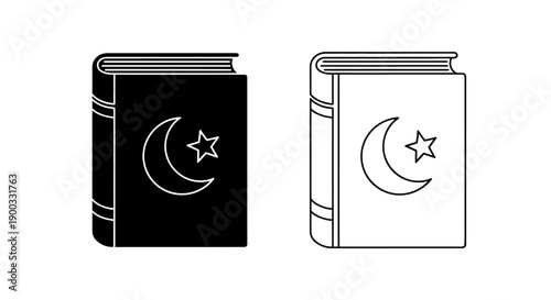 Black and outline vector Quran book with crescent moon and star symbol, Islamic holy book illustration isolated on white