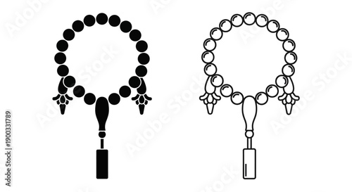 Black and white vector prayer beads, rosary or tasbih icon set, solid and outline versions, isolated on white