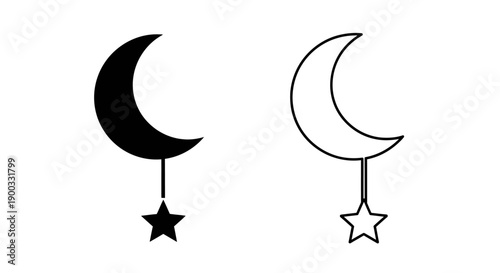Black crescent moon and star icon set, solid fill and outline vector illustration, isolated on white