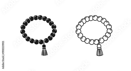 Black and outline prayer beads vector icon set with tassel, mala beads, rosary, isolated on white