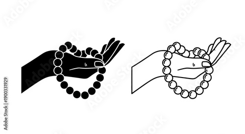 Vector hand holding pearl necklace or rosary beads, black silhouette and outline icon set, isolated on white