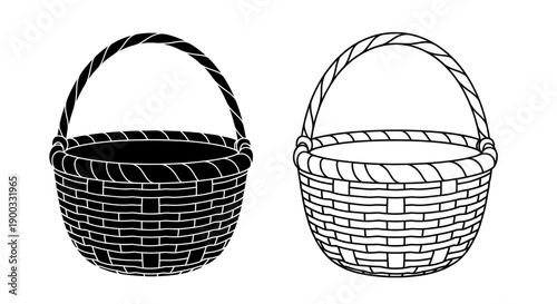 Woven wicker basket vector illustration, black silhouette and outline drawing, isolated on white
