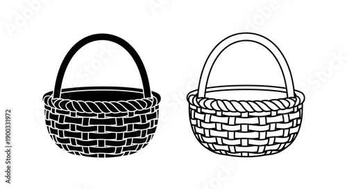 Wicker basket vector icon set, black silhouette and outline, empty woven picnic basket, isolated on white