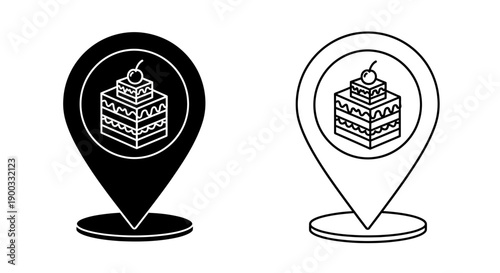 Vector black and outline cake shop location pin icon, dessert bakery map marker, isolated on white