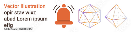 Digital communication, alerts, geometric design, notifications, educational tools, visual graphics. Red bell with sound waves and two geometric shapes with text. Digital communication and alerts