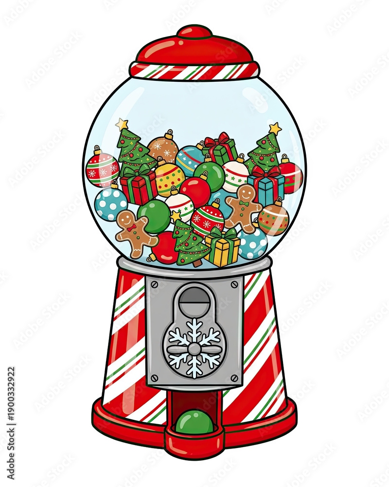 Obraz premium authentic human lifestyle concept Festive Christmas Gumball Machine Cartoon Illustration Filled with Holiday Ornaments, Gifts, and Gingerbread Men modern commercial stock usage