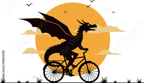 Pixel Art Dragon Riding Bicycle Orange Sun Clouds Sky Minimalist Vector
