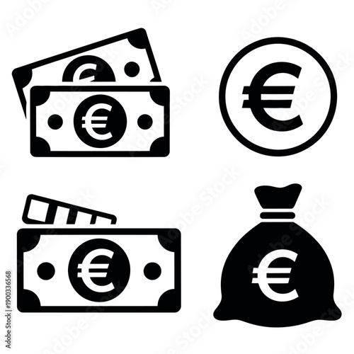 Euro currency symbols including banknotes, coin, and money bag icons are displayed on white.