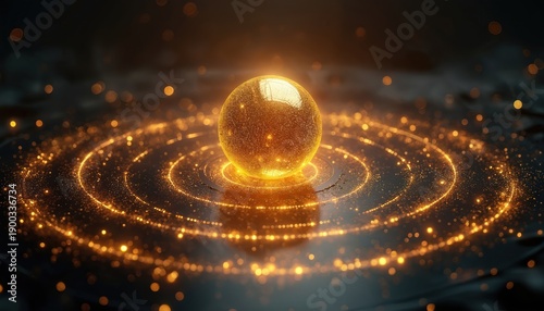 Golden sphere pulses with light on dark surface. Concentric circles of glowing particles radiate outwards. Abstract cosmic energy pattern creates futuristic tech vibe. Digital art.