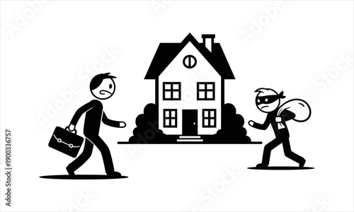 Stick Figure Home Under Threat Businessman Leaving as Thief Approaches