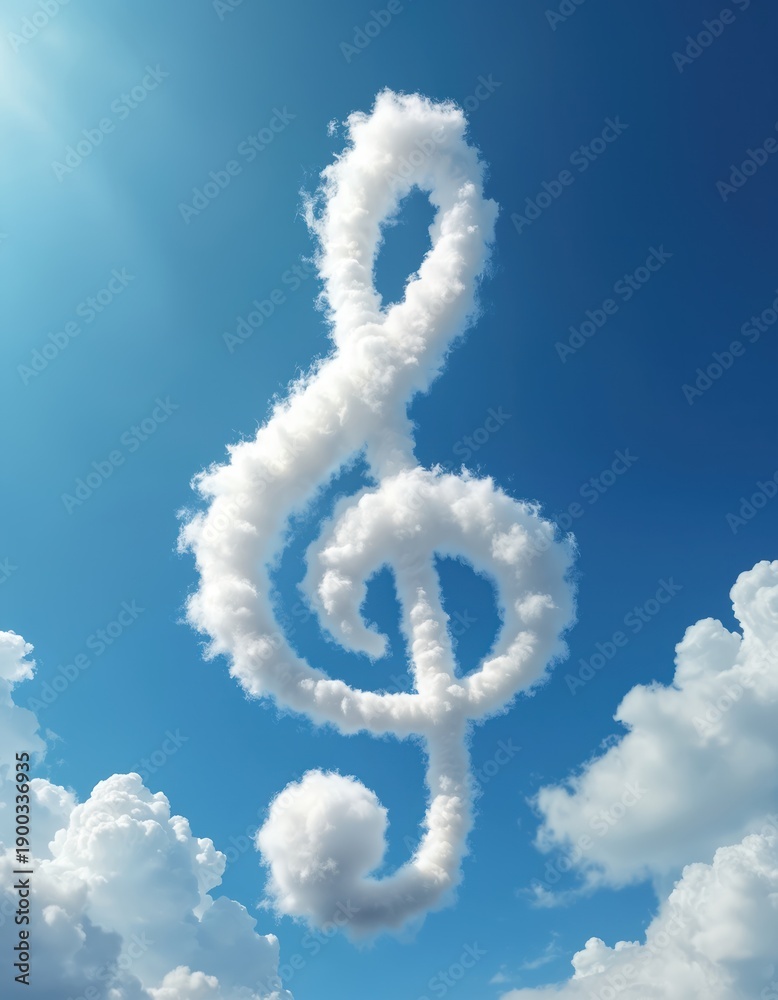 Naklejka premium Treble clef made of white clouds floating in bright blue sky. Musical symbol formed by fluffy clouds against clear sky. Heavenly music notation.