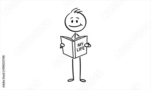 A Happy Stick Figure Character Reads 'My Life' Book, Engaging in Personal Reflection and Storytelling Journey