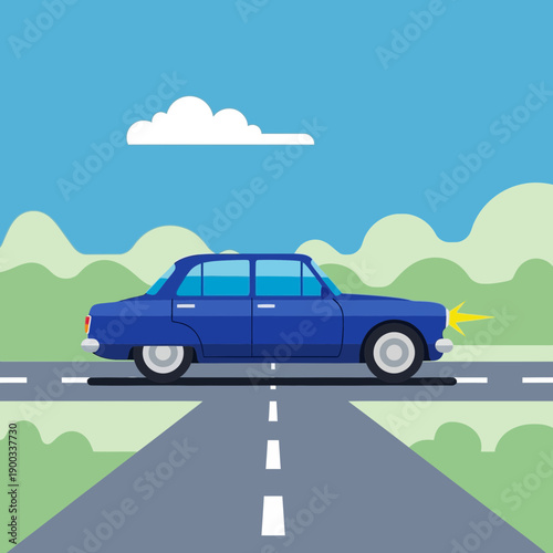 Blue vintage car driving on a road with green hills and cloudy sky