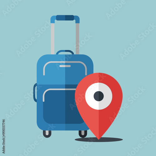 Blue luggage with red map pin icon, travel and destination concept