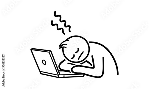 Stick Figure Exhausted and Sleeping on Laptop Keyboard