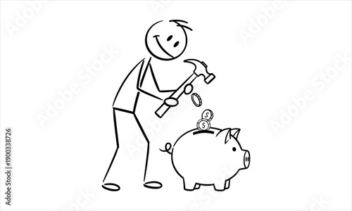Stick Figure Hammering Coins into a Piggy Bank for Savings