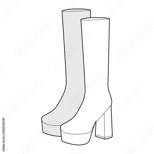 Platform block heel boot women sketch pair. Bold platform with chunky sole for winter collection, fashion. Technical fashion illustration CAD mockup detailed vector men unisex isolated elegant style