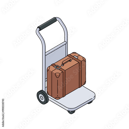 Vintage suitcase on a luggage cart, isometric view