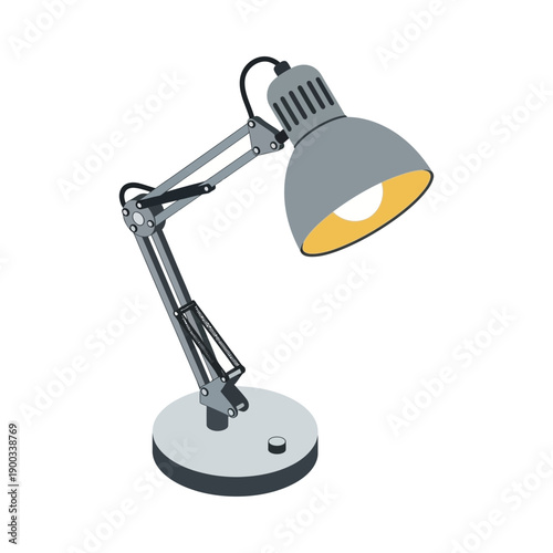 Adjustable desk lamp with light bulb on white background