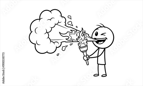 Stick Figure Blowing Fire From Torch With Smoke Cloud Animation