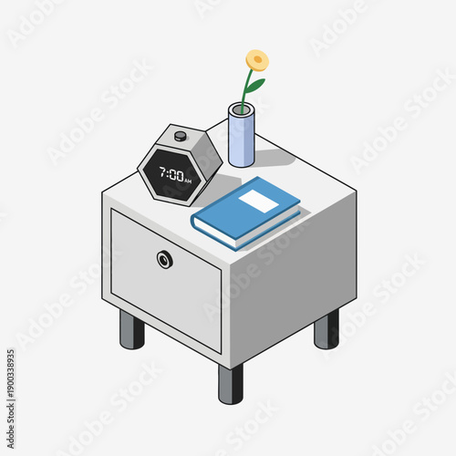 Minimalist nightstand with alarm clock, book, and flower vase