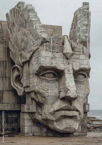 Abstract Sculptural Face Monument Seaside Weathered