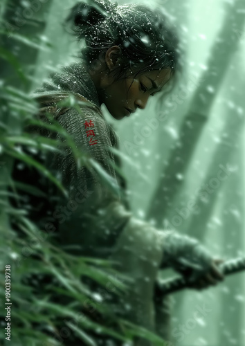 Samurai Warrior in Bamboo Forest, Sword, Snowfall, Serenity, Contemplation