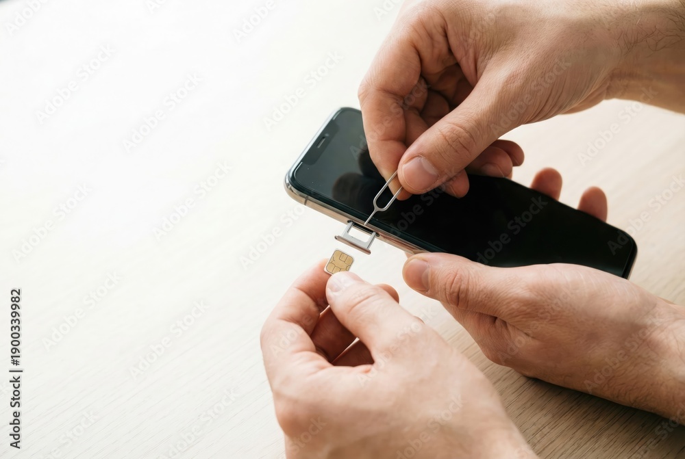 Fototapeta premium A person uses a special tool to open the tray and insert a nano SIM card into a modern smartphone.