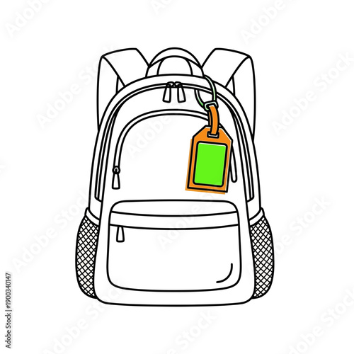 Backpack with luggage tag, simple line art