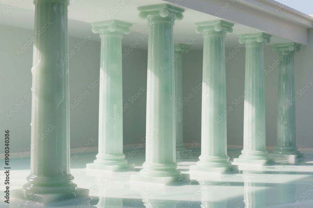 Naklejka premium Ancient columns made of green gelatin in a pool of milk symbolizing the softening of history and playful tradition. Concept of architectural humor, dairy aesthetics, and wobbly structures