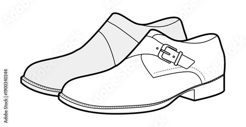 Monkstrap mens buckle shoes sketch pair. Single strap leather footwear with modern formal smart casual style. Technical illustration CAD mockup sketch vector outline isolated on white background