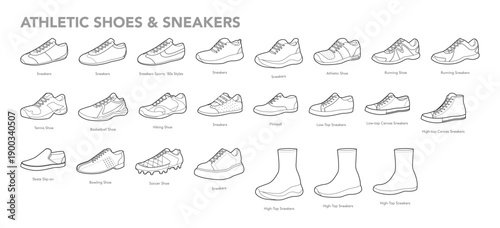 Sneakers shoe sketch set with name diagram. Athletic running tennis hiking skate soccer, canvas, high top stretch trainer. Technical footwear illustration sheet, side view pairs, clean vector style.