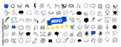 Comic effect manga elements set in black ink on white background. Hand drawn doodle bursts, speed lines, speech bubbles and explosive marks for retro superhero layouts, posters and manga pages.