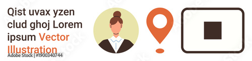 Geolocation, identity verification, QR scanning, corporate profile, location-based services, digital communication. Businesswoman avatar next to a geolocation pin and a QR code-thumbs up block