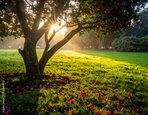 A sunlit, early morning landscape, where a large tree's branches reach toward the radiant sunlight. Bright green grass