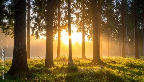A sunlit, early morning scene in a lush forest with tall trees, the sun filtering through the mist and foliage