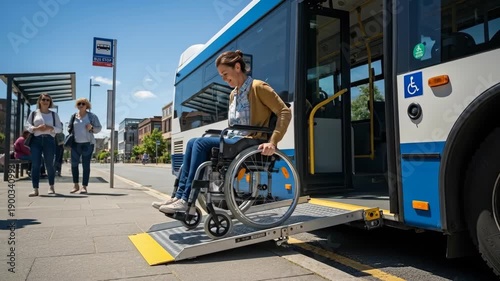 boarding a bus with wheelchair access on a sunny day at a city stop