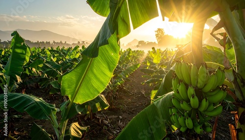 A sunlit, early morning vista reveals a vibrant banana plantation with lush green leaves and unripe fruit bathed in a golden glow