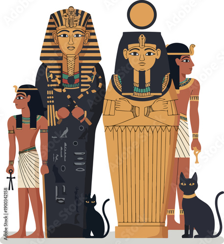 Ancient Egyptian Figures Sarcophagus Pharaoh Cat Black White Gold