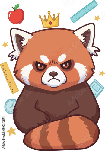Angry Red Panda King with Crown and School Supplies Pixel Art Vector