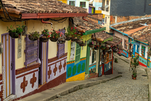 Traditional Colorful Houses and Cobblestone Street in Guatape, Colombia